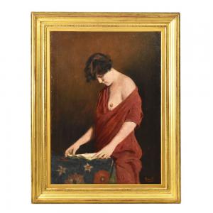 DIPINTI ANTICHI, RITRATTI DI DONNA CHE LEGGE CON SENO SCOPERTO, OLIO SU TELA, FINE DELL 800.  (QR589)